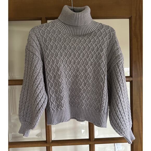 Elie Tahari Women’s Gray Cable Knit Turtleneck Sweater Balloon Sleeves Small - Picture 1 of 6